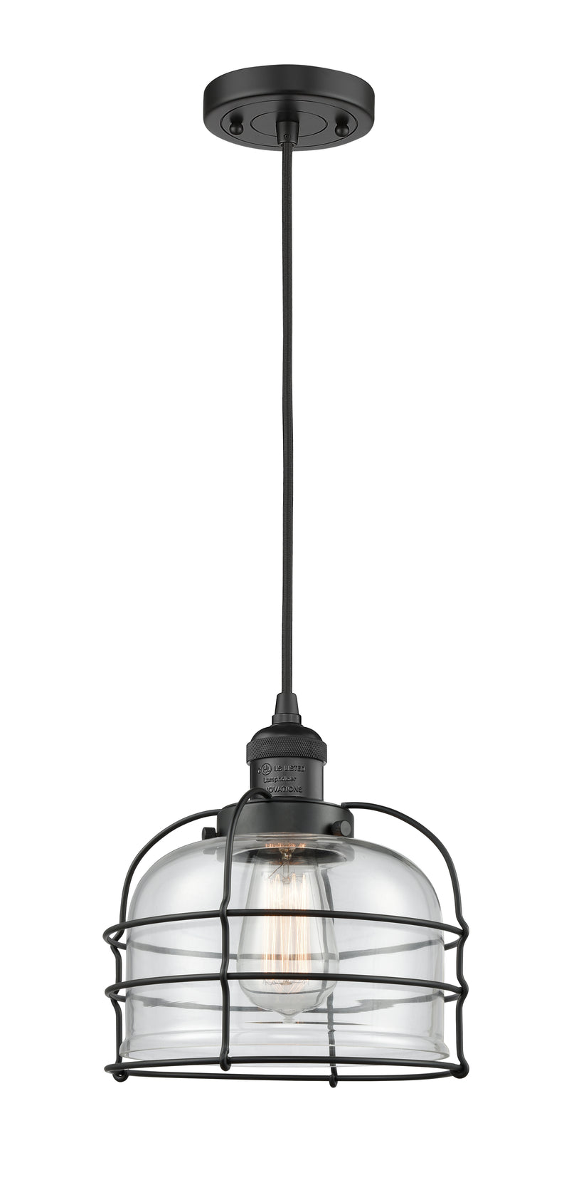 Innovations Lighting Large Bell Cage 1-100 watt 8 inch Black Mini Pendant with Clear glass 201CBKG72CE