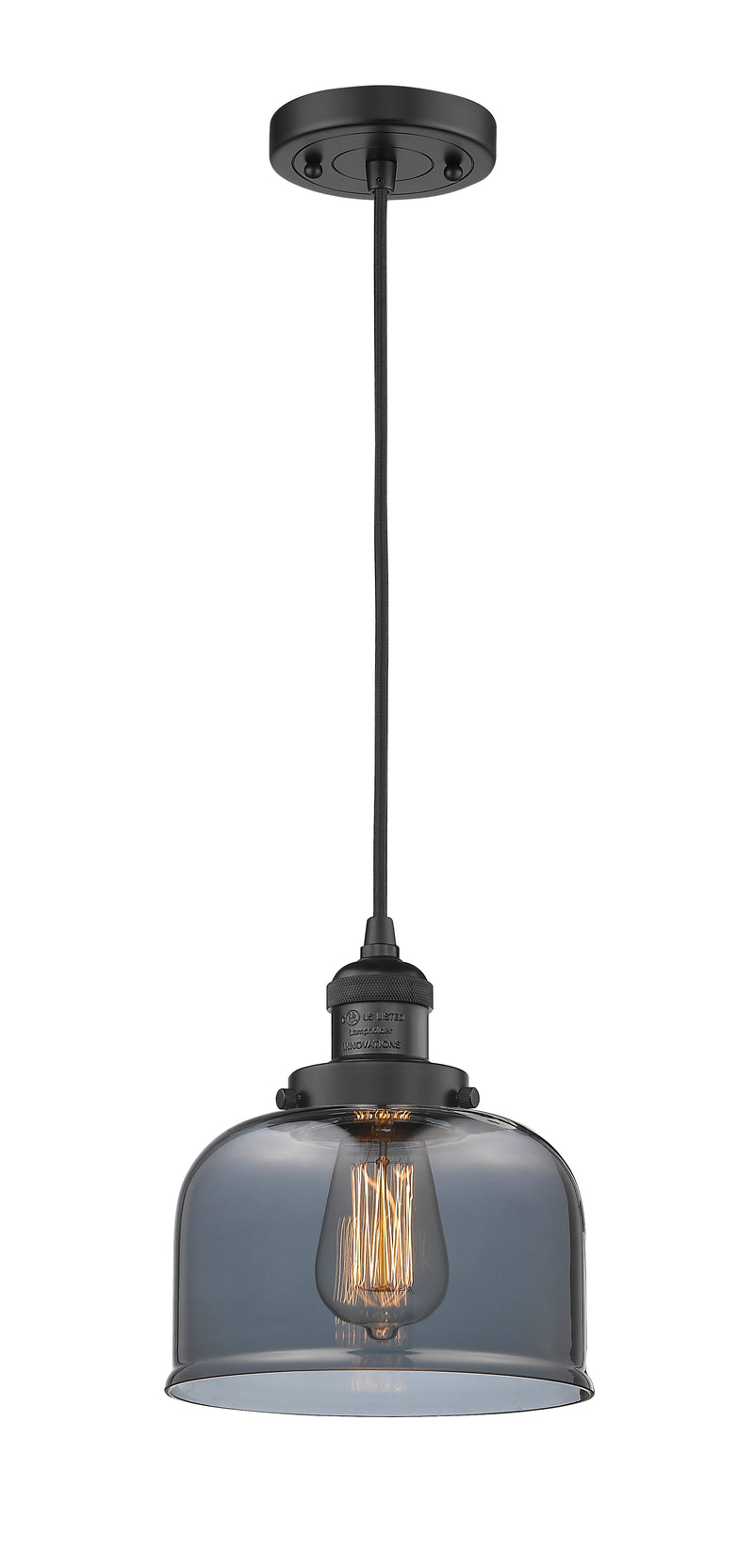 Innovations Lighting Large Bell 1-100 watt 8 inch Black Mini Pendant with Smoked glass 201CBKG73