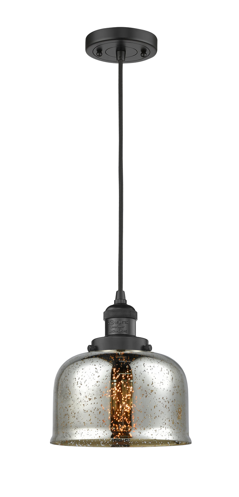 Innovations Lighting Large Bell 1-100 watt 8 inch Black Mini Pendant with Silver Plated Mercury glass 201CBKG78