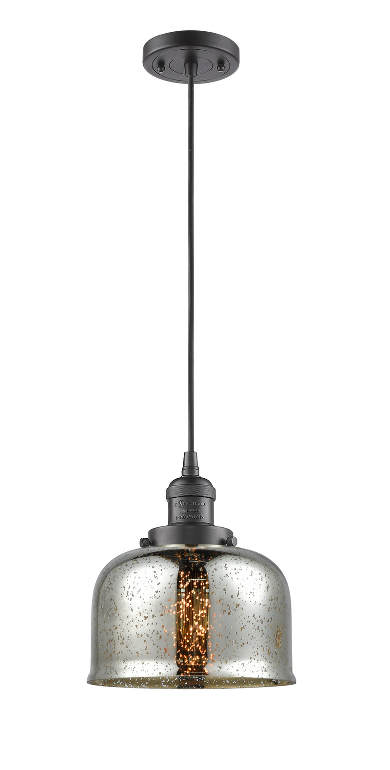 Innovations Lighting Large Bell 1-100 watt 8 inch Oil Rubbed Bronze Mini Pendant with Silver Plated Mercury glass 201COBG78