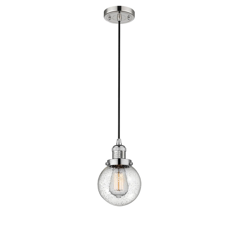 Beacon Mini Pendant shown in the Polished Nickel finish with a Seedy shade