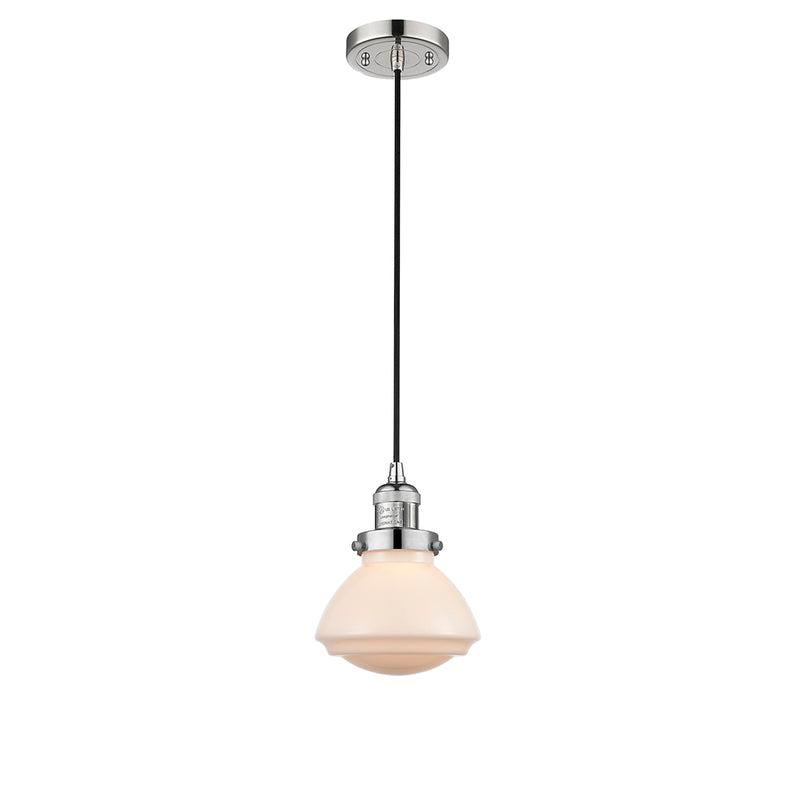 Olean Mini Pendant shown in the Polished Nickel finish with a Matte White shade