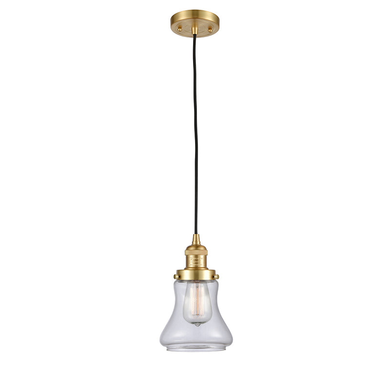 Bellmont Mini Pendant shown in the Satin Gold finish with a Clear shade