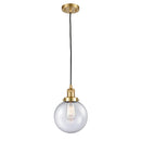 Beacon Mini Pendant shown in the Satin Gold finish with a Seedy shade