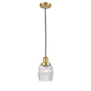 Colton Mini Pendant shown in the Satin Gold finish with a Clear Halophane shade