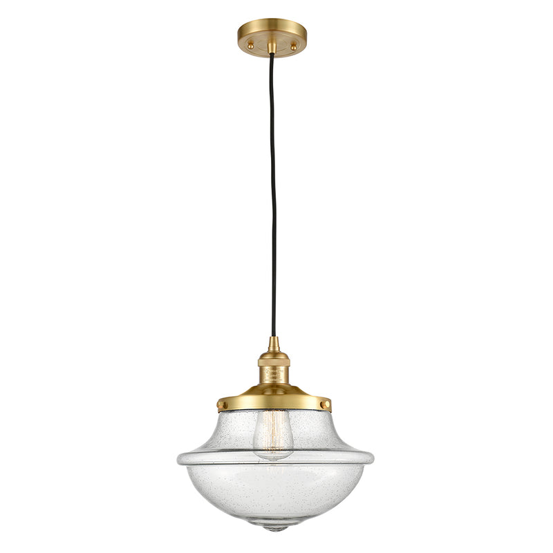 Oxford Mini Pendant shown in the Satin Gold finish with a Seedy shade