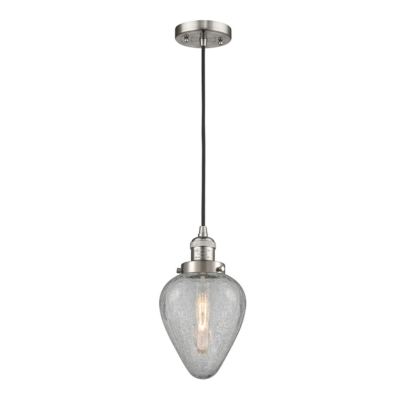 Geneseo Mini Pendant shown in the Brushed Satin Nickel finish with a Clear Crackled shade