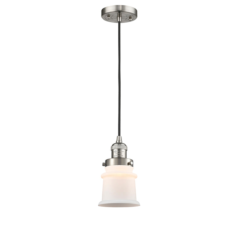 Canton Mini Pendant shown in the Brushed Satin Nickel finish with a Matte White shade