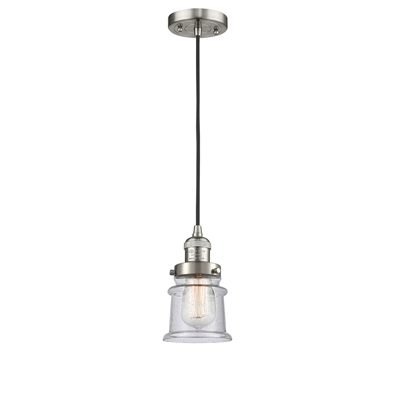 Canton Mini Pendant shown in the Brushed Satin Nickel finish with a Seedy shade