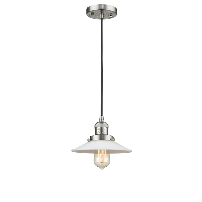 Halophane Mini Pendant shown in the Brushed Satin Nickel finish with a Matte White Halophane shade