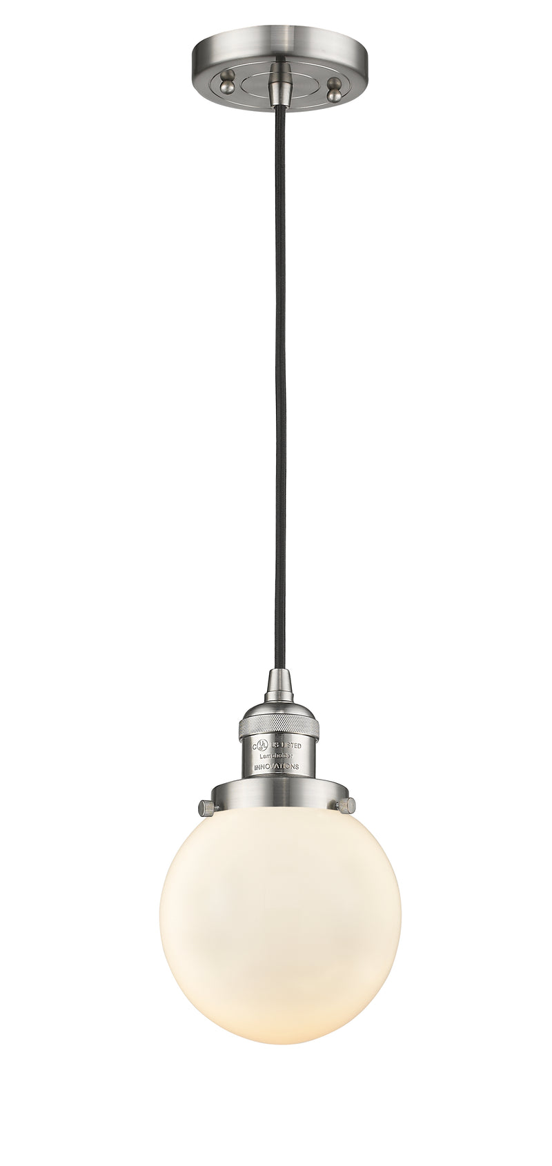 Innovations Lighting Beacon 1-100 watt 6 inch Brushed Satin Nickel Mini Pendant with Matte White Cased glass 201CSNG2016