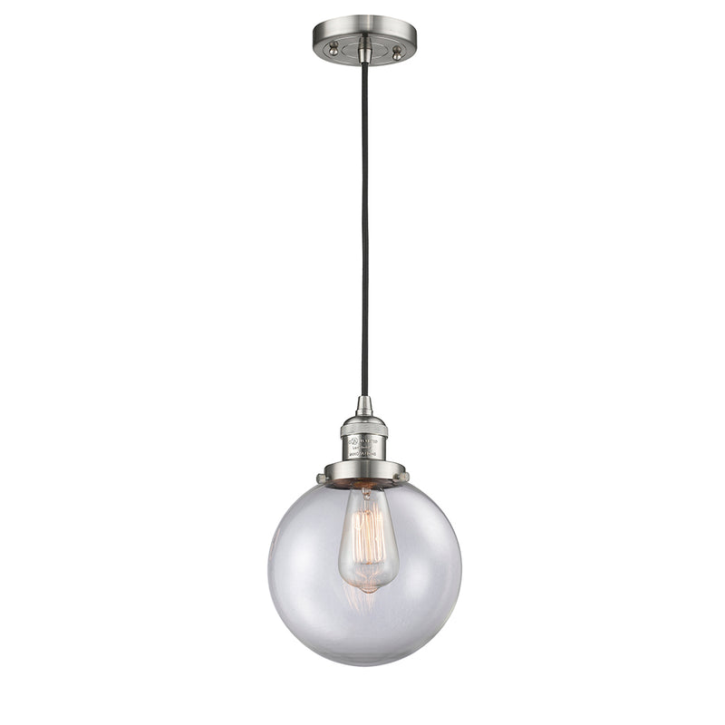 Beacon Mini Pendant shown in the Brushed Satin Nickel finish with a Clear shade