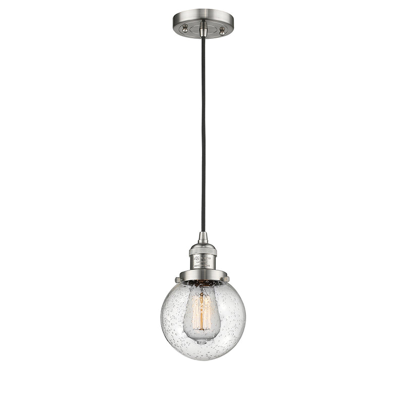 Beacon Mini Pendant shown in the Brushed Satin Nickel finish with a Seedy shade