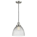 Seneca Falls Mini Pendant shown in the Brushed Satin Nickel finish with a Clear Halophane shade