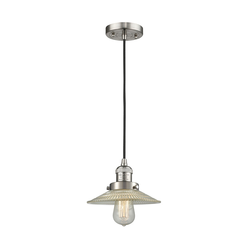 Halophane Mini Pendant shown in the Brushed Satin Nickel finish with a Clear Halophane shade