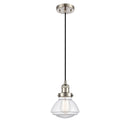 Olean Mini Pendant shown in the Brushed Satin Nickel finish with a Clear shade