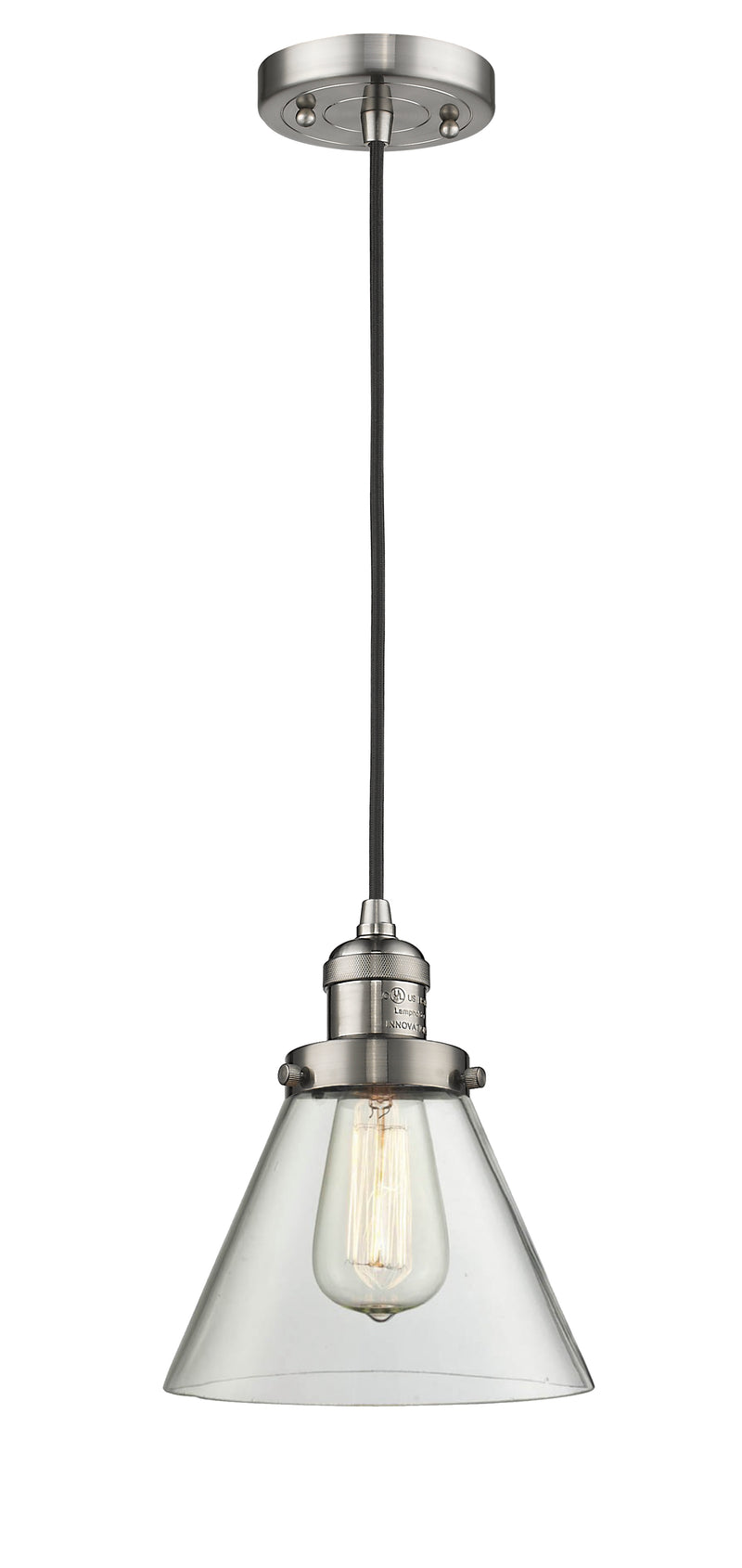 Innovations Lighting Large Cone 1-100 watt 8 inch Brushed Satin Nickel Mini Pendant with Clear glass 201CSNG42