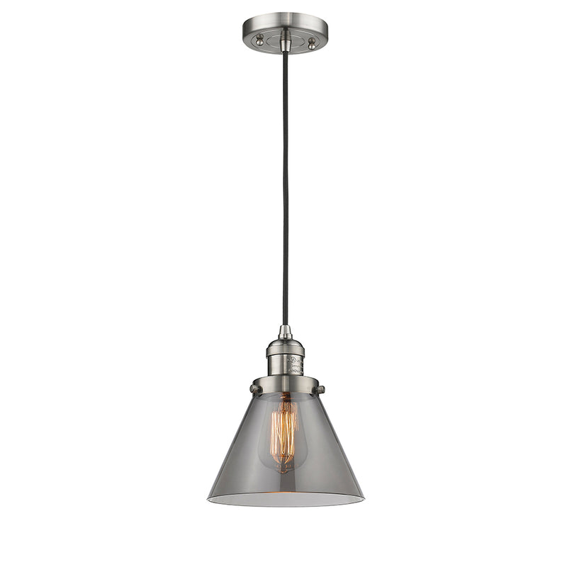 Cone Mini Pendant shown in the Brushed Satin Nickel finish with a Plated Smoke shade