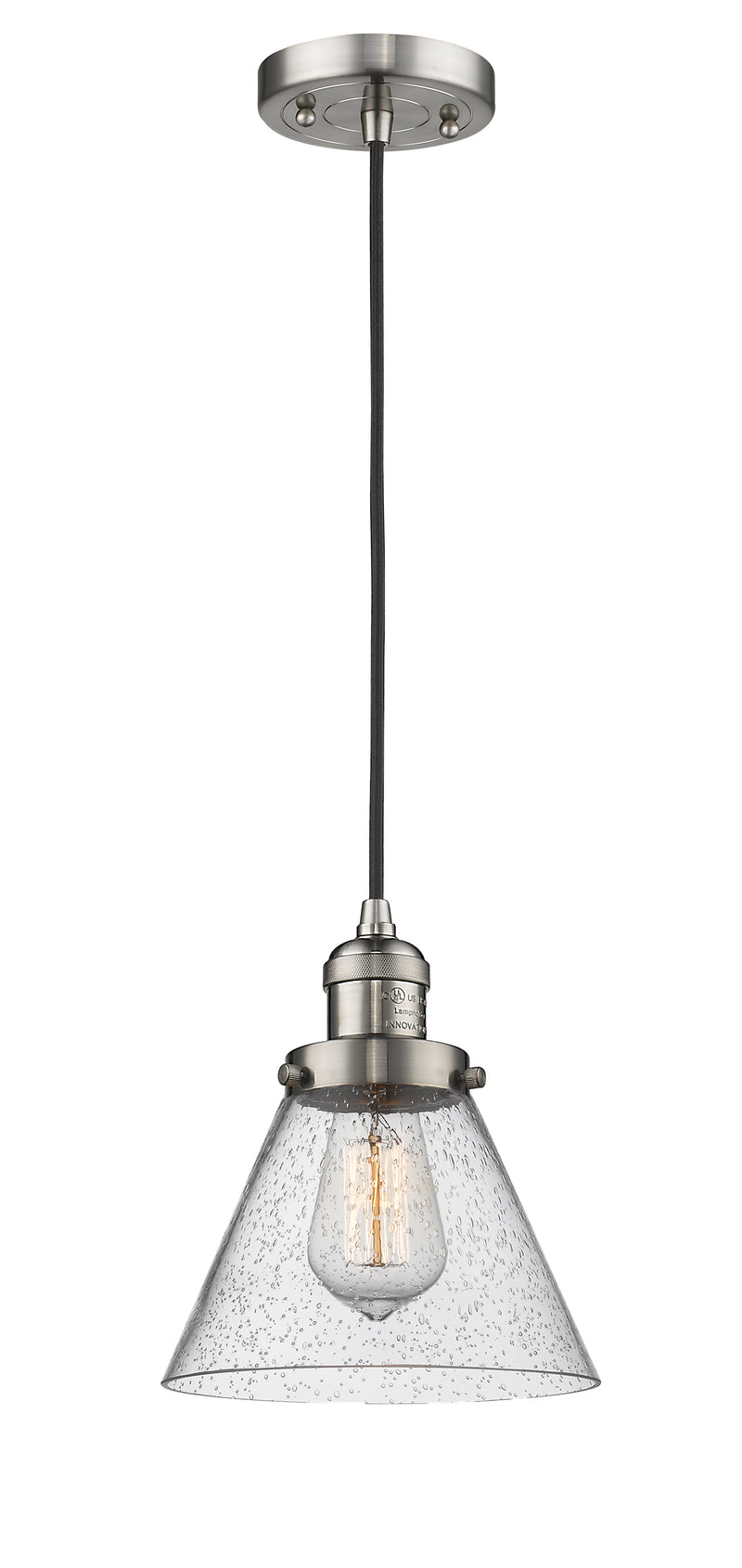 Innovations Lighting Large Cone 1-100 watt 8 inch Brushed Satin Nickel Mini Pendant with Seedy glass 201CSNG44