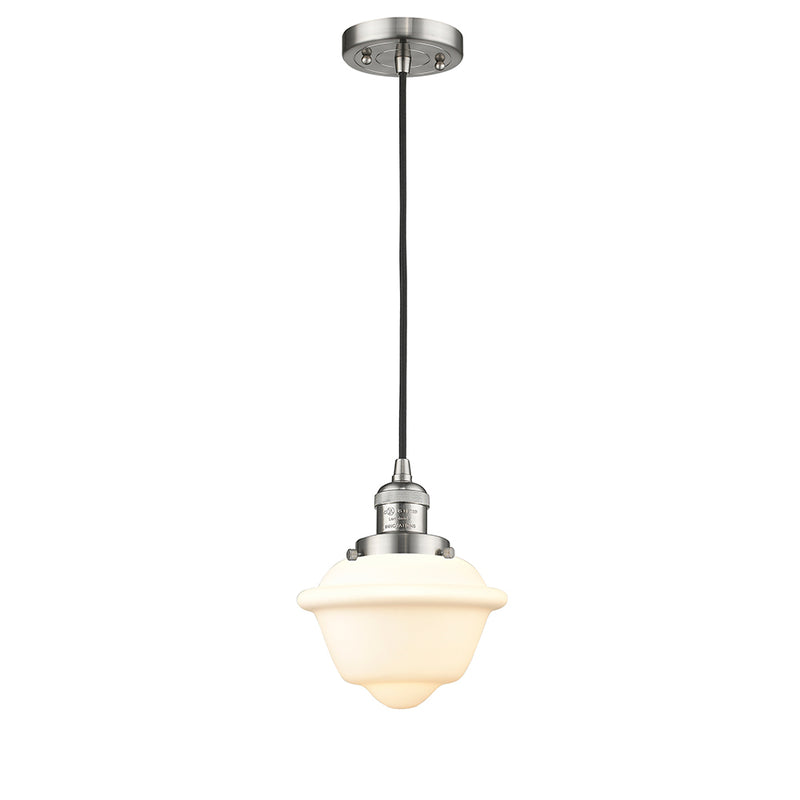 Oxford Mini Pendant shown in the Brushed Satin Nickel finish with a Matte White shade