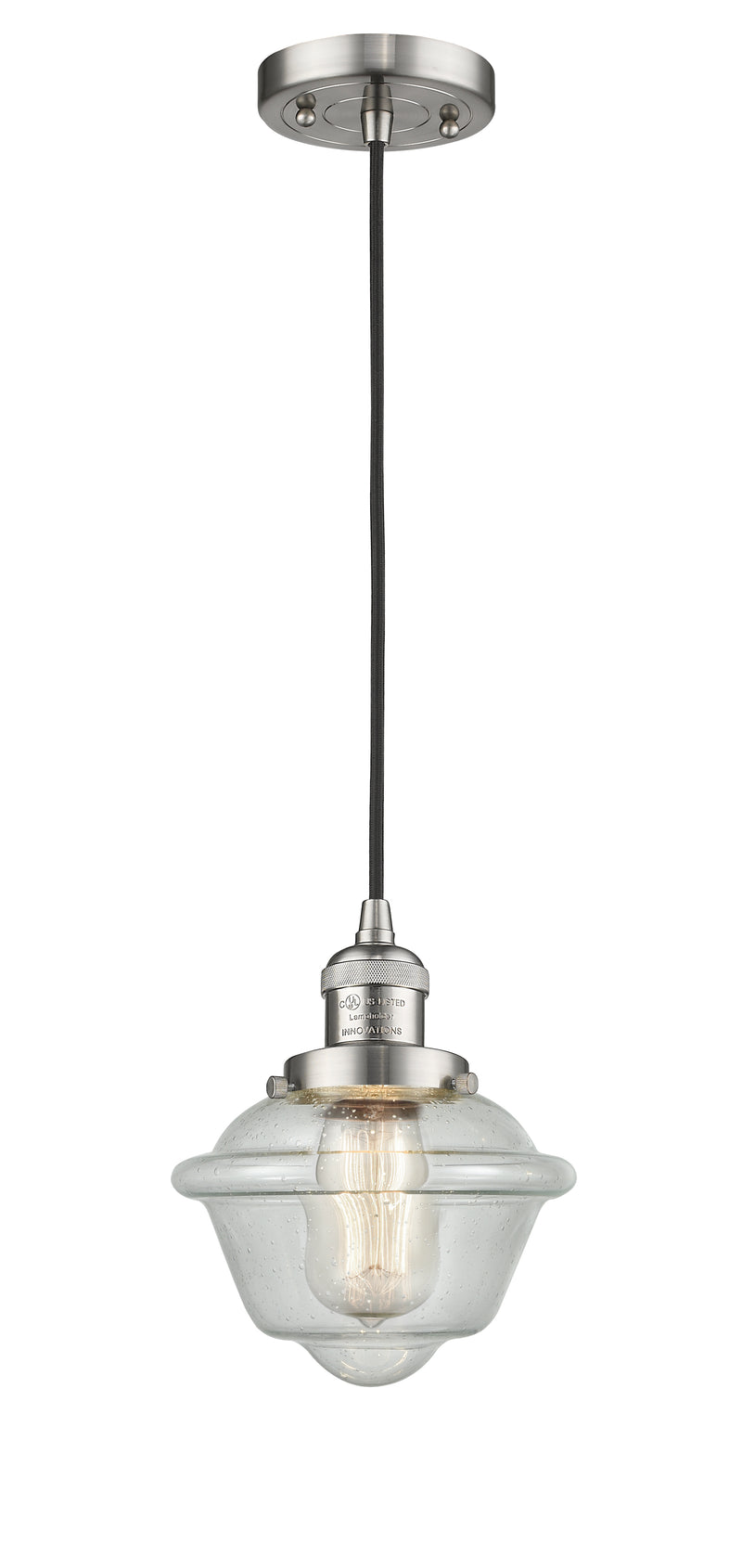 Innovations Lighting Small Oxford 1-100 watt 8 inch Brushed Satin Nickel Mini Pendant with Seedy glass 201CSNG534