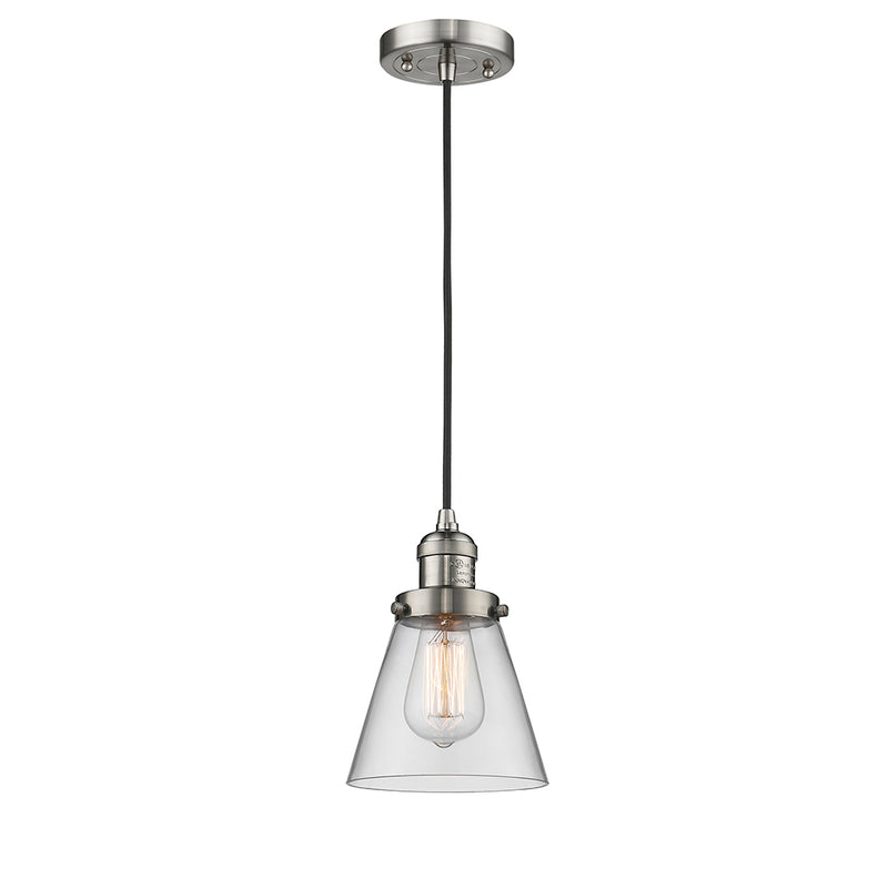 Cone Mini Pendant shown in the Brushed Satin Nickel finish with a Clear shade