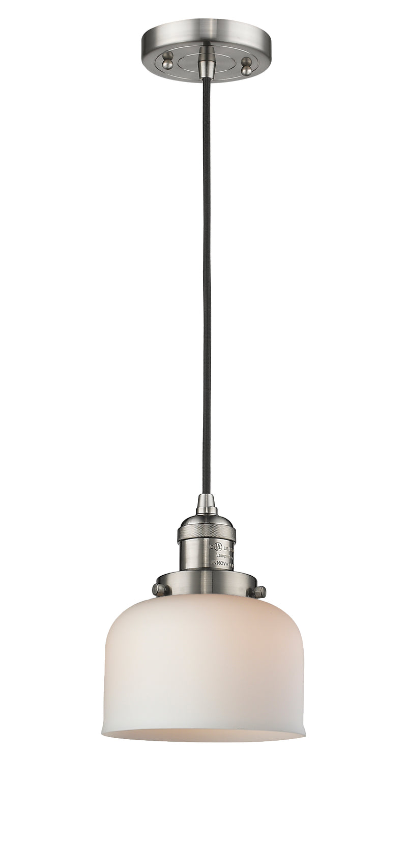 Innovations Lighting Large Bell 1-100 watt 8 inch Brushed Satin Nickel Mini Pendant with Matte White Cased glass 201CSNG71