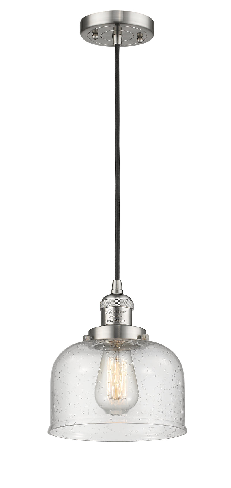 Innovations Lighting Large Bell 1-100 watt 8 inch Antique Copper Mini Pendant with Seedy glass 201CSNG74