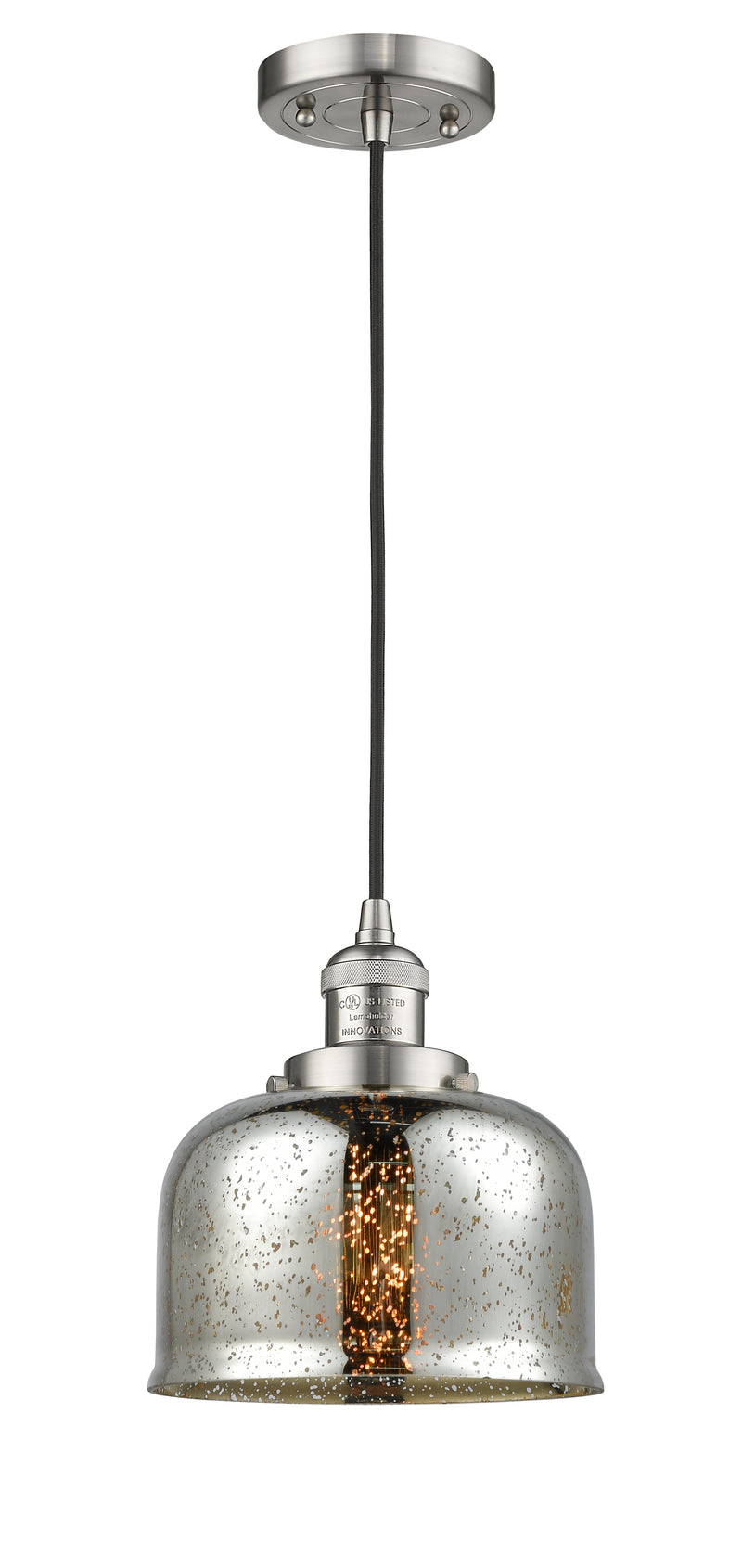 Innovations Lighting Large Bell 1-100 watt 8 inch Brushed Satin Nickel Mini Pendant with Silver Plated Mercury glass 201CSNG78