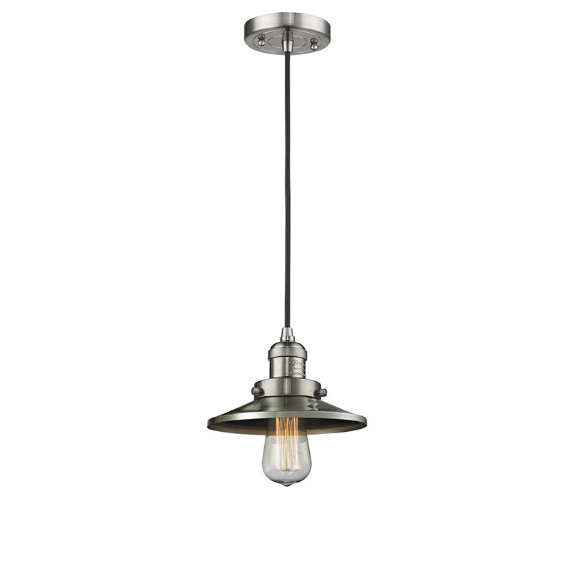 Railroad Mini Pendant shown in the Brushed Satin Nickel finish with a Brushed Satin Nickel shade