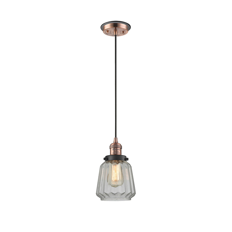 Chatham Mini Pendant shown in the Antique Copper finish with a Clear shade