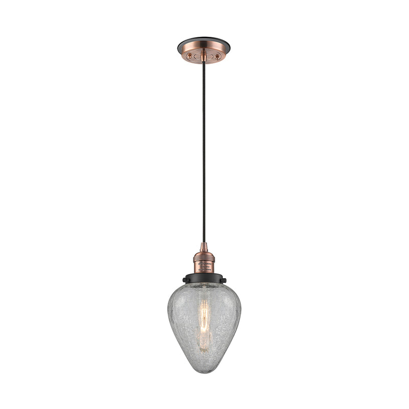 Geneseo Mini Pendant shown in the Antique Copper finish with a Clear Crackled shade