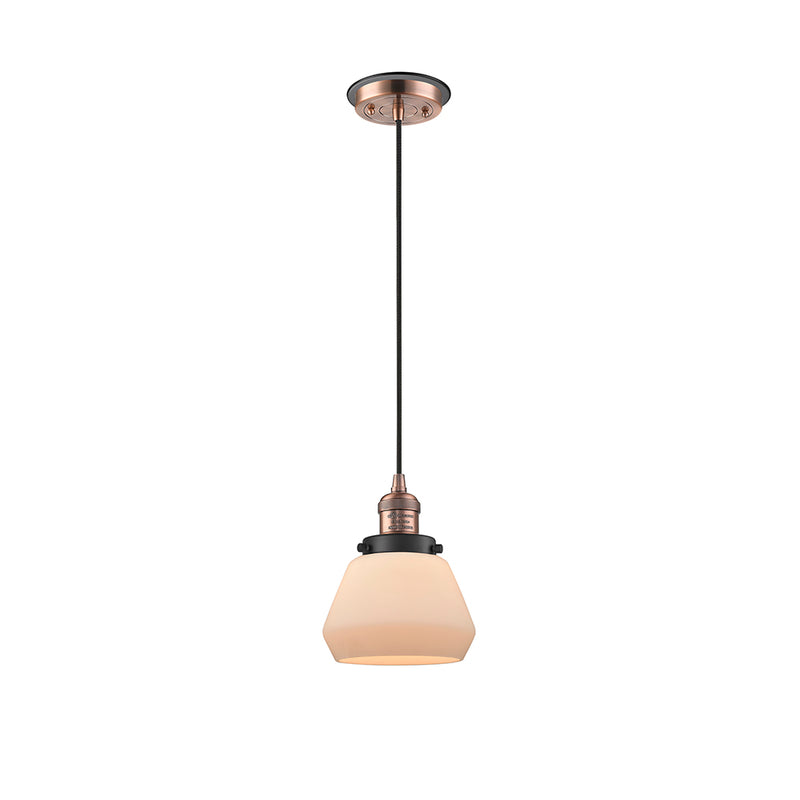 Fulton Mini Pendant shown in the Antique Copper finish with a Matte White shade