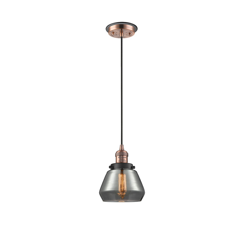 Fulton Mini Pendant shown in the Antique Copper finish with a Plated Smoke shade