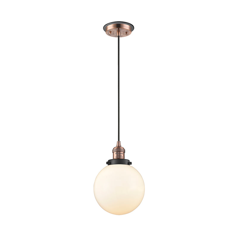 Beacon Mini Pendant shown in the Antique Copper finish with a Matte White shade