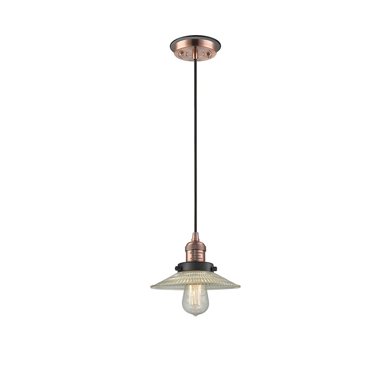 Halophane Mini Pendant shown in the Antique Copper finish with a Clear Halophane shade