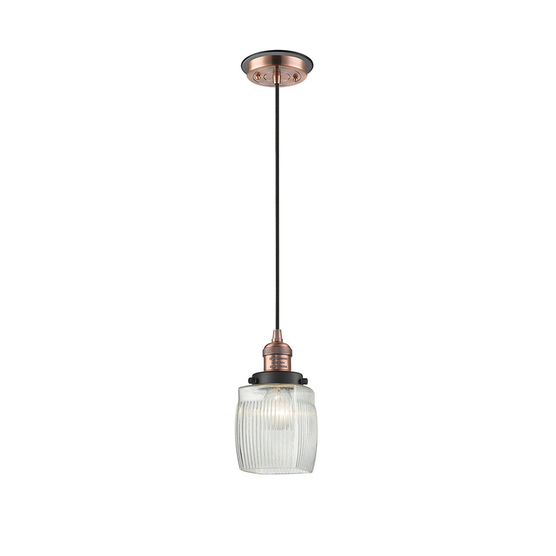 Colton Mini Pendant shown in the Antique Copper finish with a Clear Halophane shade