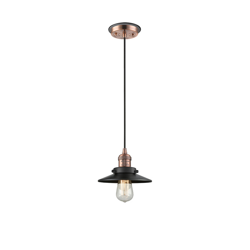 Railroad Mini Pendant shown in the Antique Copper finish with a Antique Copper shade