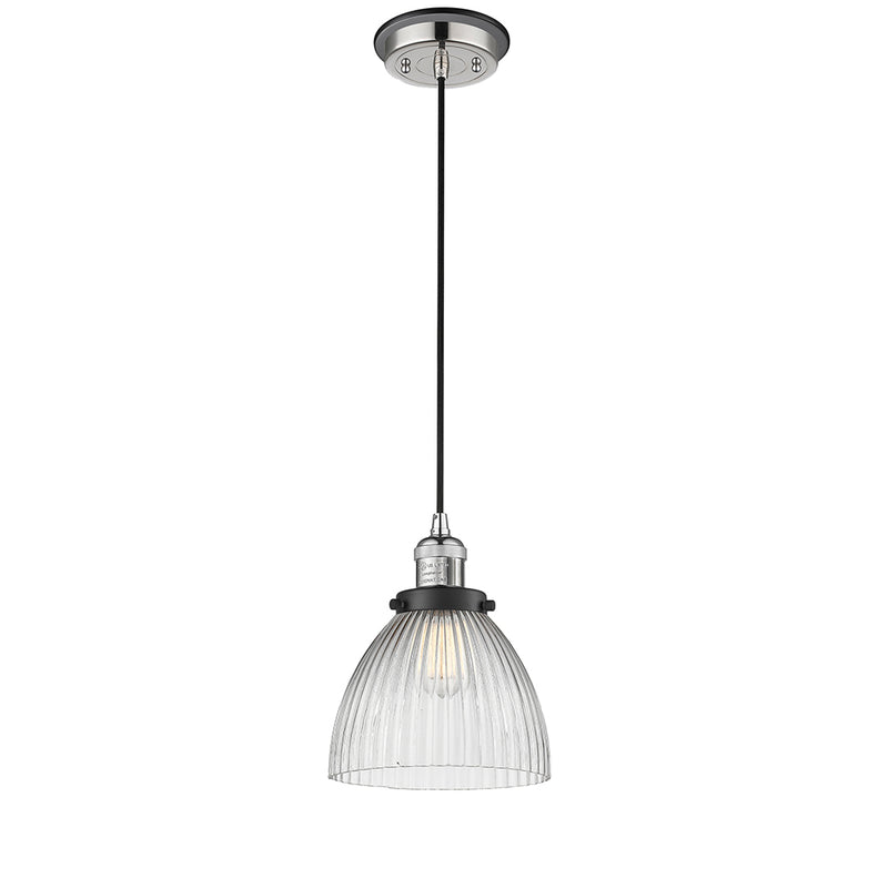 Seneca Falls Mini Pendant shown in the Polished Nickel finish with a Clear Halophane shade