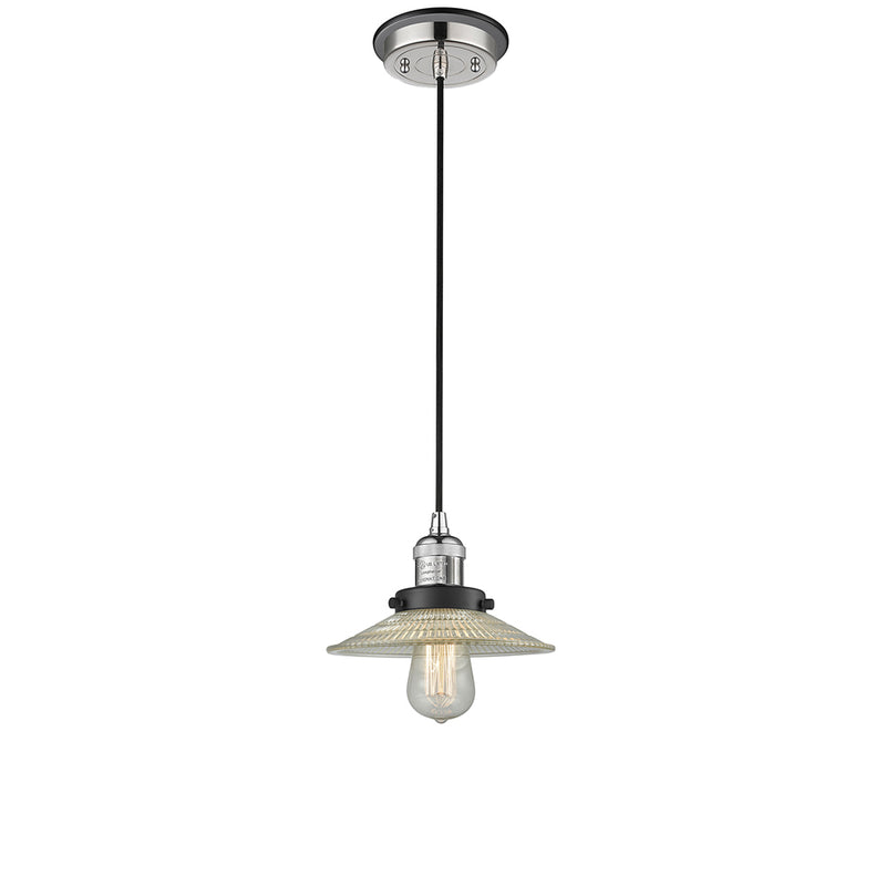 Halophane Mini Pendant shown in the Polished Nickel finish with a Clear Halophane shade