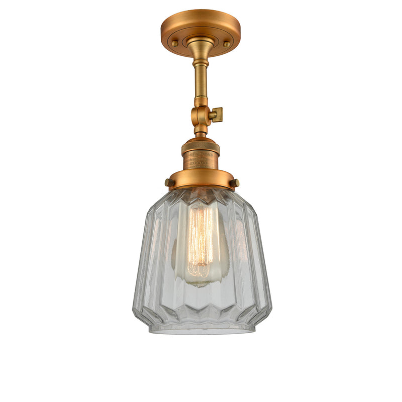 Chatham Semi-Flush Mount shown in the Brushed Brass finish with a Clear shade