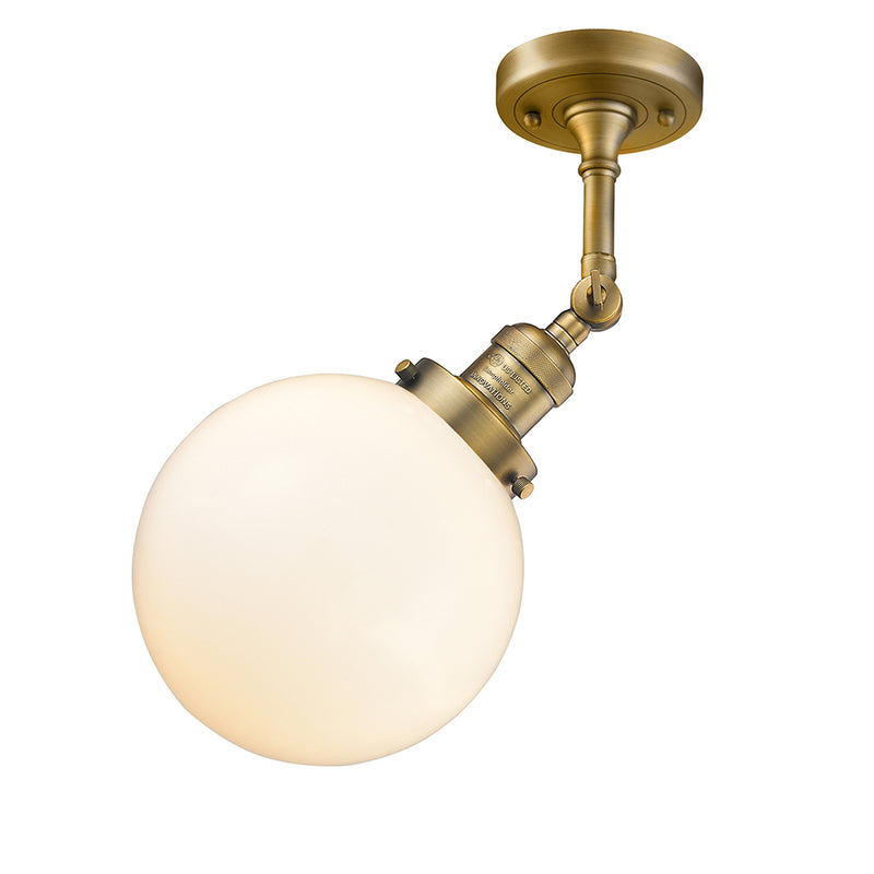 Beacon Semi-Flush Mount shown in the Brushed Brass finish with a Matte White shade