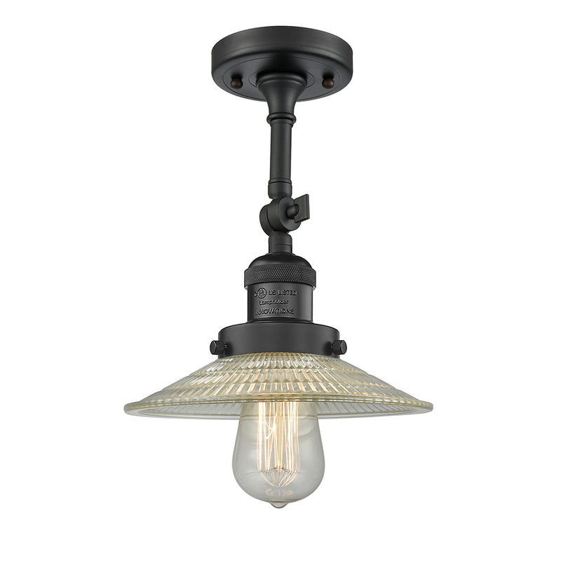 Halophane Semi-Flush Mount shown in the Matte Black finish with a Clear Halophane shade