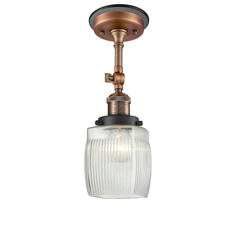 Colton Semi-Flush Mount shown in the Antique Copper finish with a Clear Halophane shade