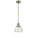 Fulton Mini Pendant shown in the Antique Brass finish with a Clear shade