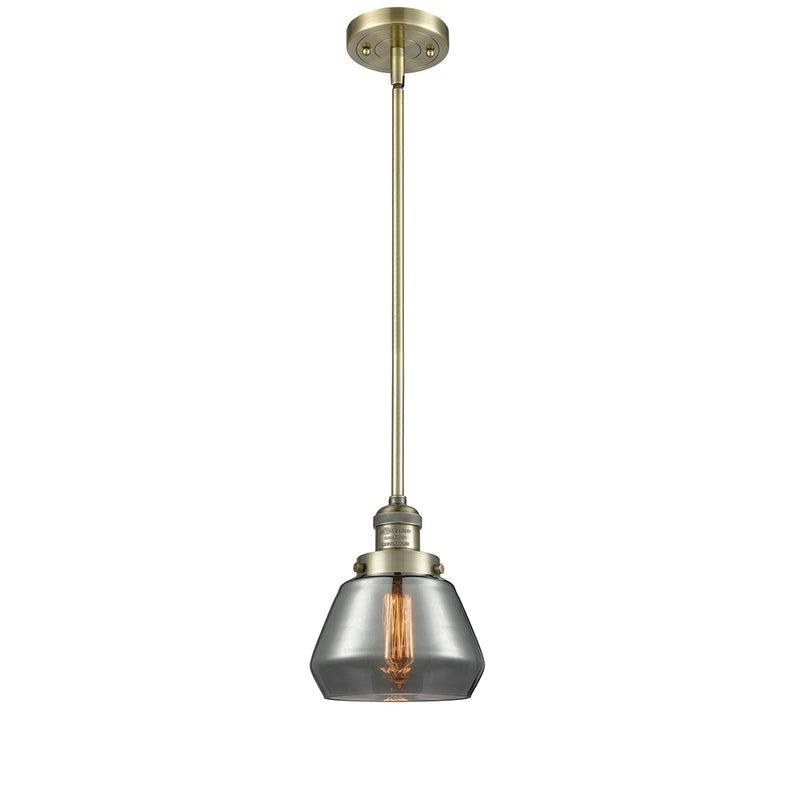 Fulton Mini Pendant shown in the Antique Brass finish with a Plated Smoke shade