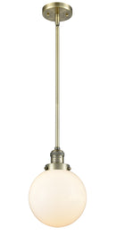 Innovations Lighting Beacon 1-100 watt 8 inch Antique Brass Mini Pendant with Matte White Cased glass and Solid Brass Hang Straight Swivel 201SABG2018