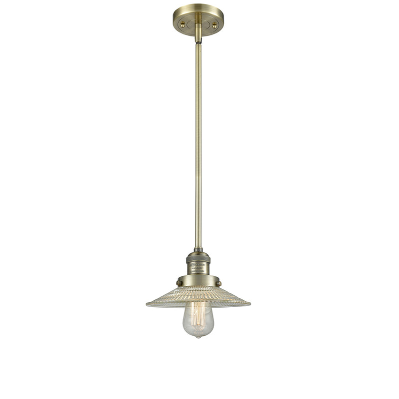 Halophane Mini Pendant shown in the Antique Brass finish with a Clear Halophane shade