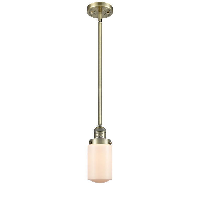 Dover Mini Pendant shown in the Antique Brass finish with a Matte White shade