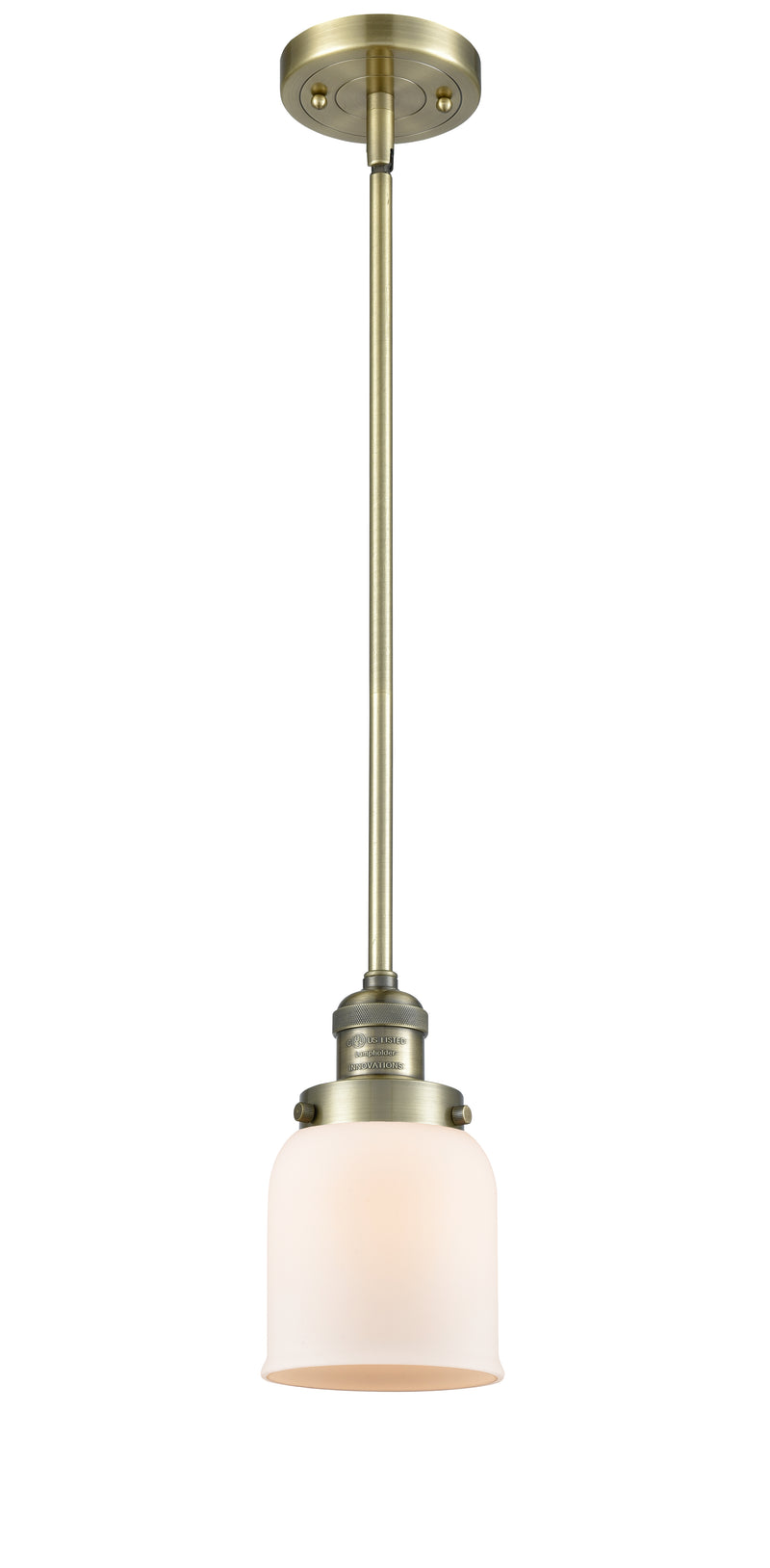 Innovations Lighting Small Bell 1-100 watt 5 inch Antique Brass Mini Pendant with Matte White Cased glass and Solid Brass Hang Straight Swivel 201SABG51